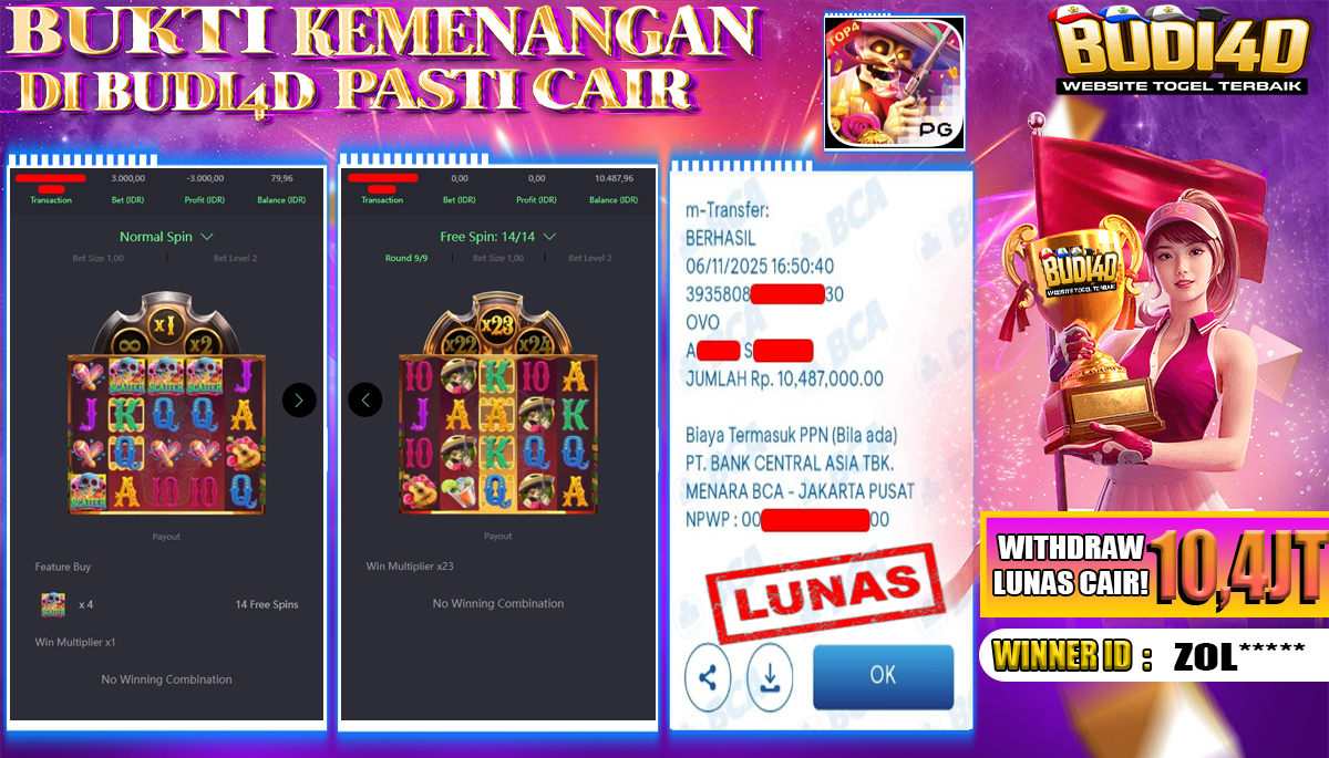 BUDI4D JACKPOT USER ID : ZOL**** SLOT PGSOFT ( Wild Bandito ) Rp.10.487.000,- LUNAS